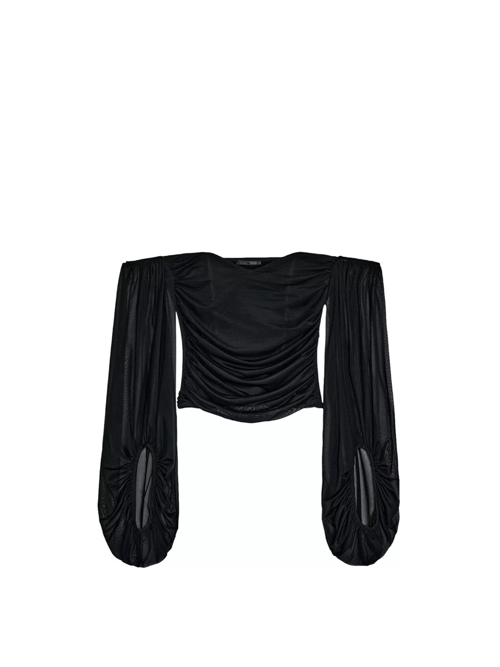Zara Black Ruched Mesh Balloon-Sleeve Crop Top - NWT